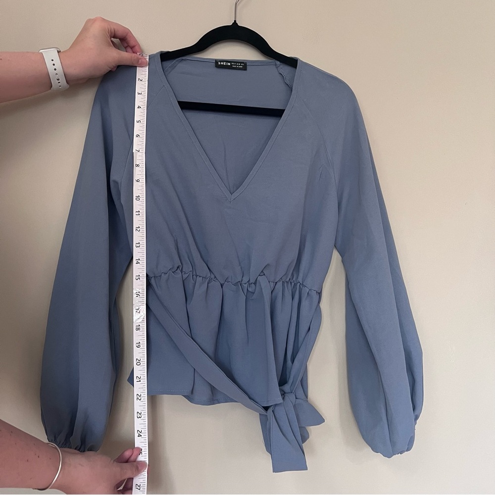 V-Neck Tie-Waist Women's Top in Dusty Blue - Picture 6 of 7